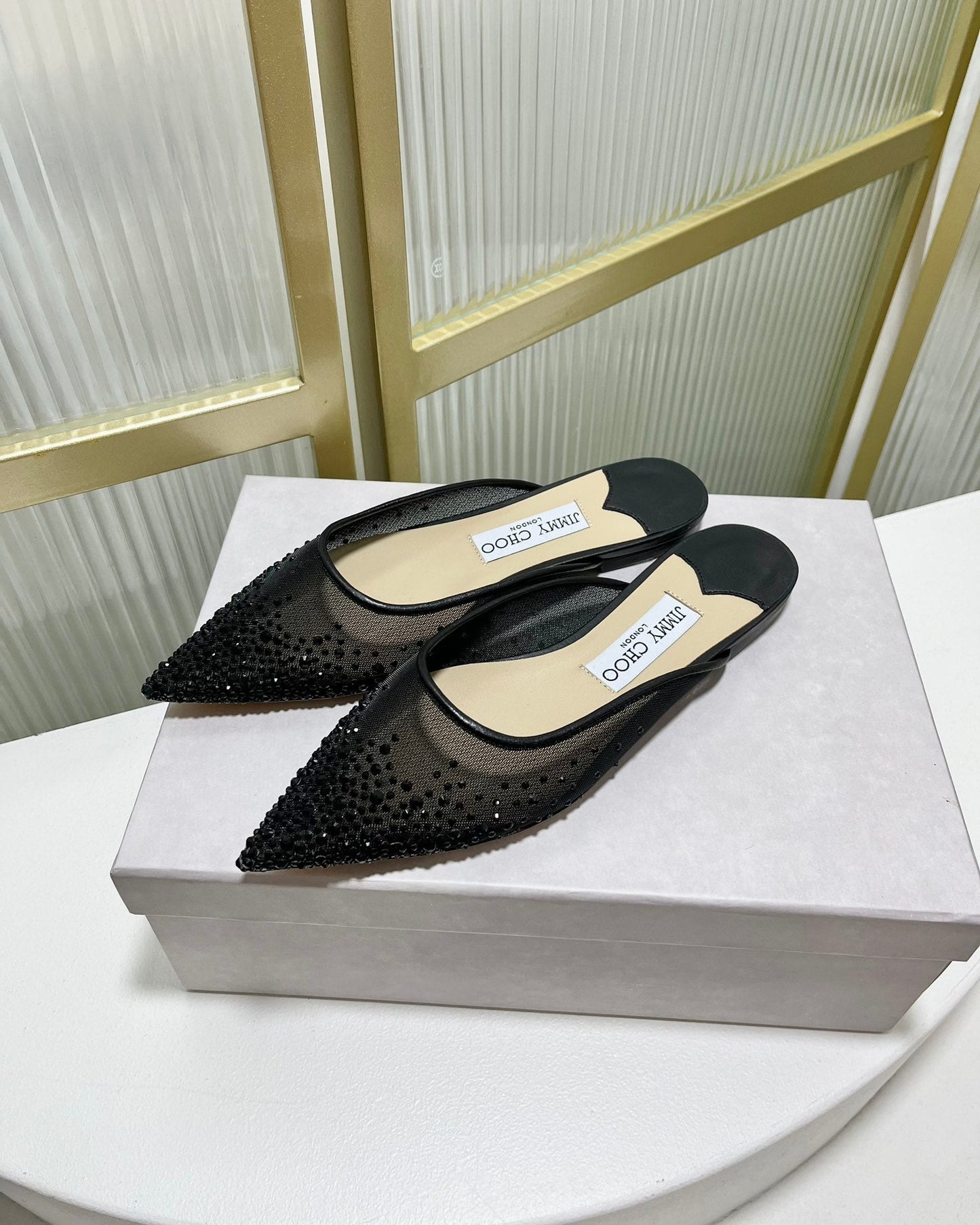 Jimmy Mule In Black Mesh Fabric With Swarovski Crystal 597874