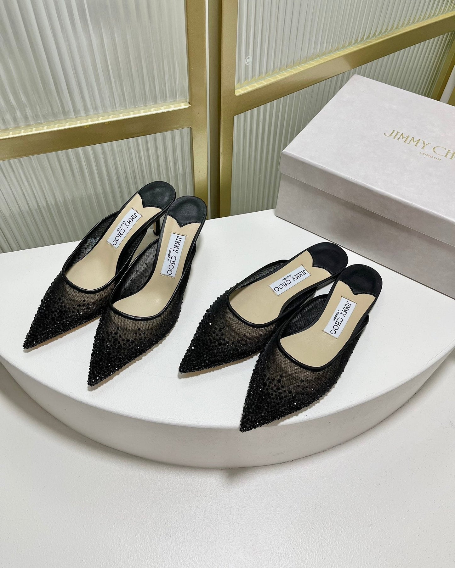Jimmy Mule In Black Mesh Fabric With Swarovski Crystal 597874