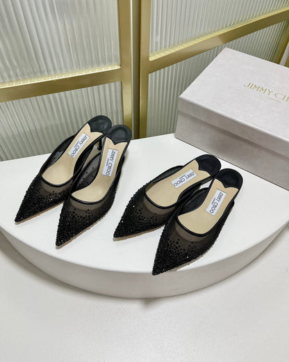 Jimmy Mule In Black Mesh Fabric With Swarovski Crystal 597874