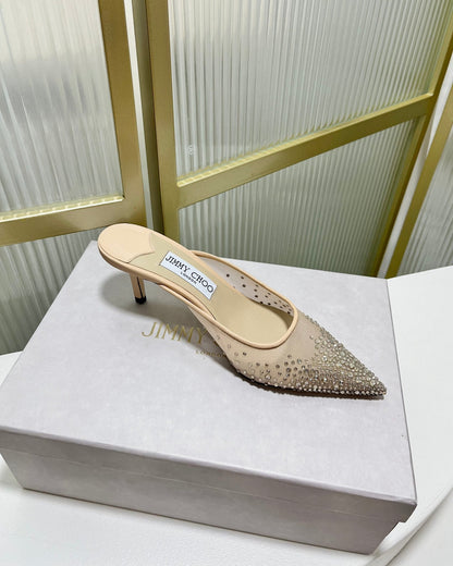 Jimmy Mule 65mm In Beige Mesh Fabric With Swarovski Crystal 597880