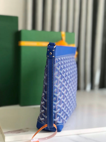 CONTI POUCH 24 IN SAPPHIRE BLUE LAMBSKIN AND GOYARDINE CANVAS