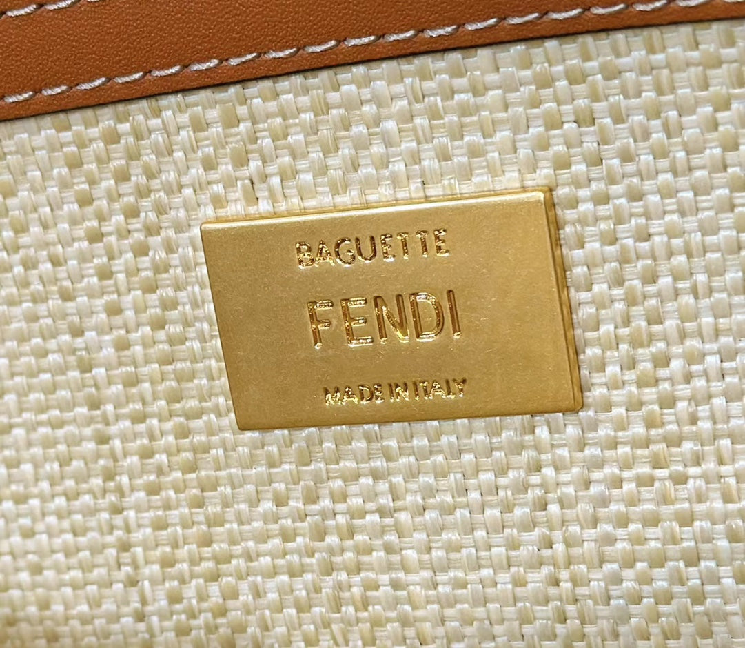 Fend Baguette Tan Beige Canvas Bag 27 with FF Embroidery Ghw