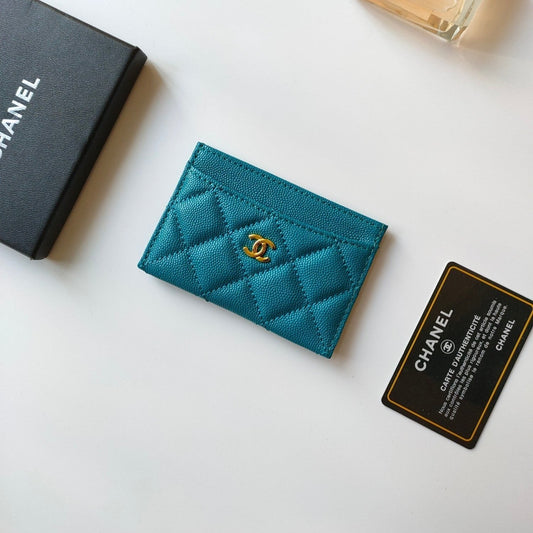 CC CARD HOLDER 11.2 SAPPHIRE GRAINED CALFSKIN GOLD ICON
