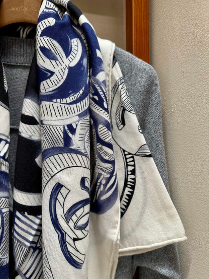 CC Square Scarf 140 CM In White Colorful Cashmere And Silk 418149