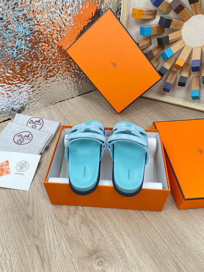 chypre sandal turquoise blue suede calfskin white thread embroidered
