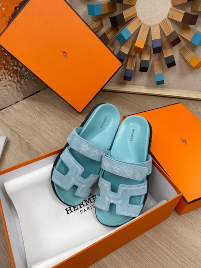 chypre sandal turquoise blue suede calfskin white thread embroidered