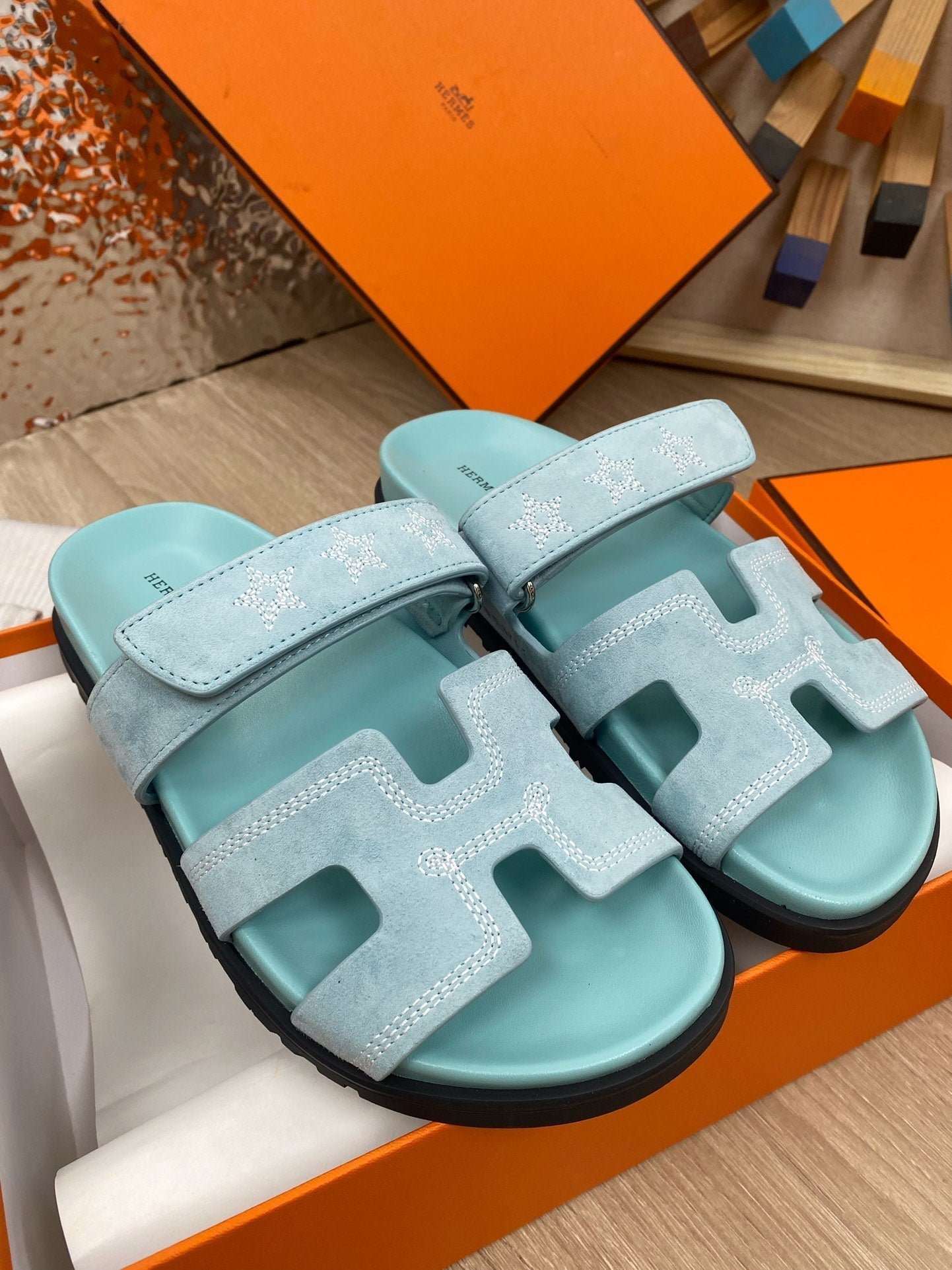 chypre sandal turquoise blue suede calfskin white thread embroidered