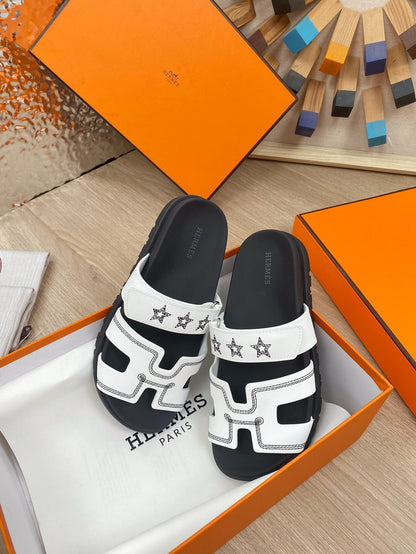 chypre sandal white black calfskin black thread embroidered