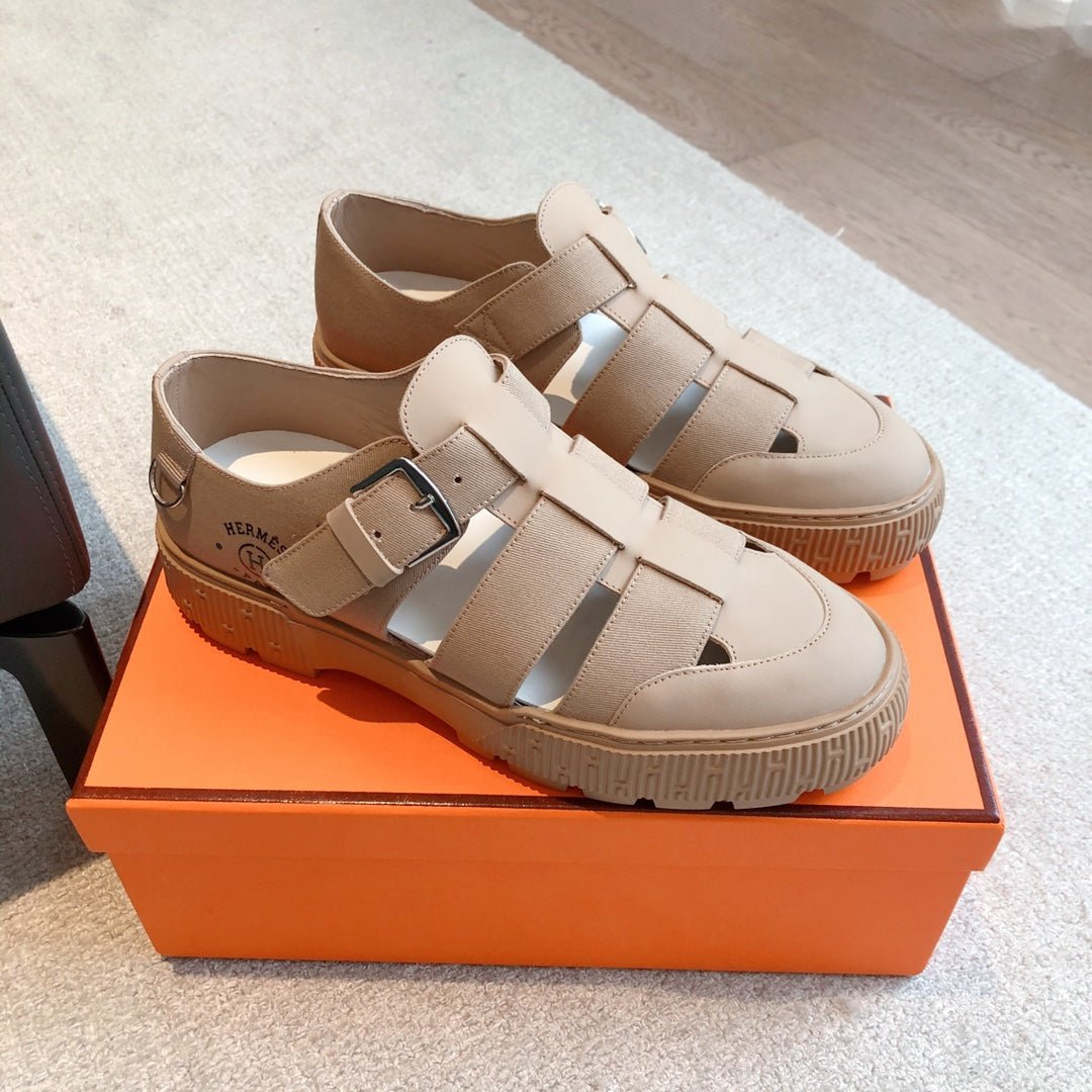 HM ITEM SANDAL ALMOND CALFSKIN AND DENIM