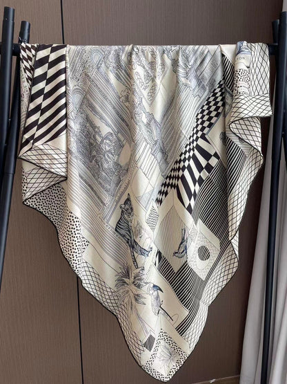 Square Scarf 140 CM In Black Mix White Silk 385353