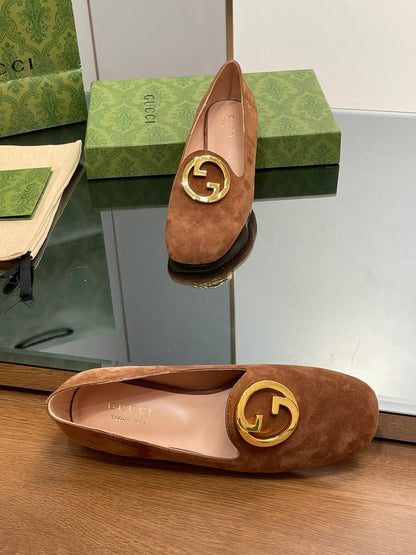 Blondie Logo Plaque Loafers In Bronze Brown Suede With Gold Hardware