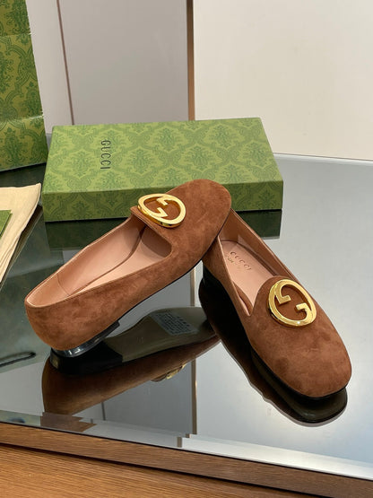 Blondie Logo Plaque Loafers In Bronze Brown Suede With Gold Hardware