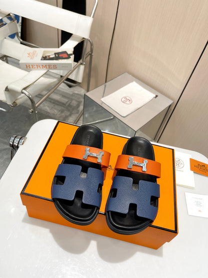 HM CHYPRE SANDAL INDIGO AND TIGER WITH H-BUCKLE CALFSKIN