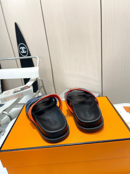 HM CHYPRE SANDAL INDIGO AND TIGER WITH H-BUCKLE CALFSKIN
