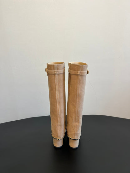 CC Hight Boots Dark Beige With Chain Suede And Cowhide 944969
