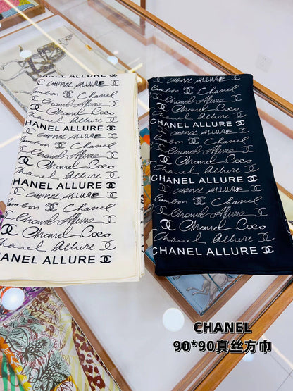 CC Square Scarf 90 CM In Black With White Text Silk  288695