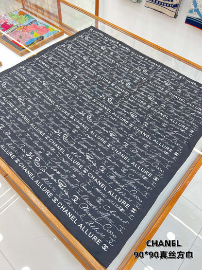 CC Square Scarf 90 CM In Black With White Text Silk  288695