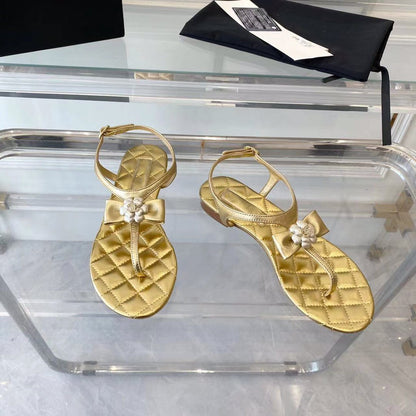 sandal gold metalic lambskin flower cc