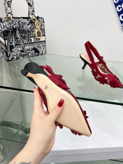 J'Adior Slingback Pump 65mm In Red Floral Embroidered Lace Fabric 100845
