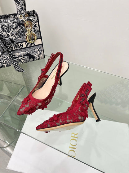 J'Adior Slingback Pump 95mm In Red Floral Embroidered Lace Fabric 100846