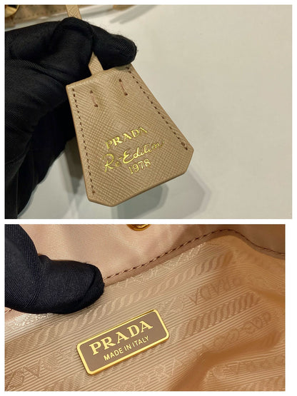 BUCKET BAG 19 IN BEIGE RE-NYLON AND SAFFIANO LEATHER HANDLE