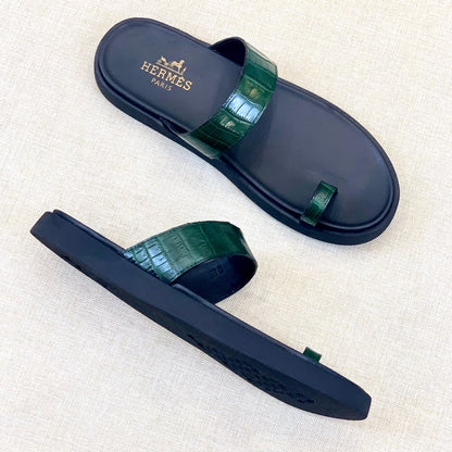 HM Men's Open-toe Sandals Green Rubber Sheepskin 561658