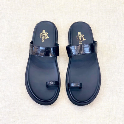 HM Men's Open-toe Sandals Black Rubber Sheepskin 561660