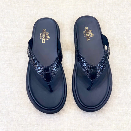 HM Men's Thong Sandals Black Rubber Sheepskin 561664
