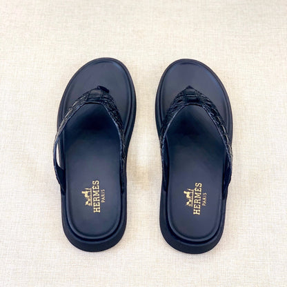 HM Men's Thong Sandals Black Rubber Sheepskin 561664