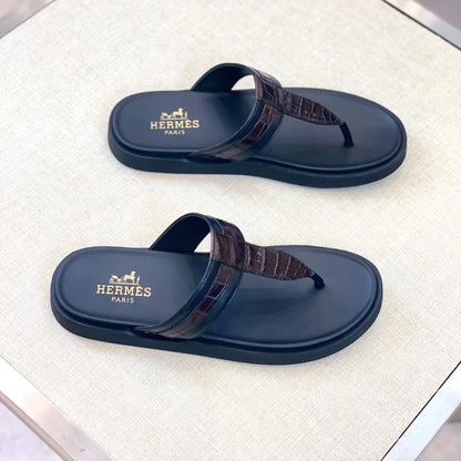 HM Men's Thong Sandals Brown Black Rubber Sheepskin 561666