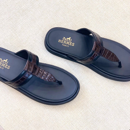 HM Men's Thong Sandals Brown Black Rubber Sheepskin 561666