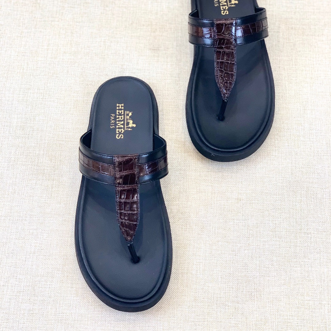 HM Men's Thong Sandals Brown Black Rubber Sheepskin 561666