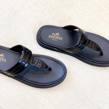 HM Men's Thong Sandals Black Rubber Sheepskin 561667