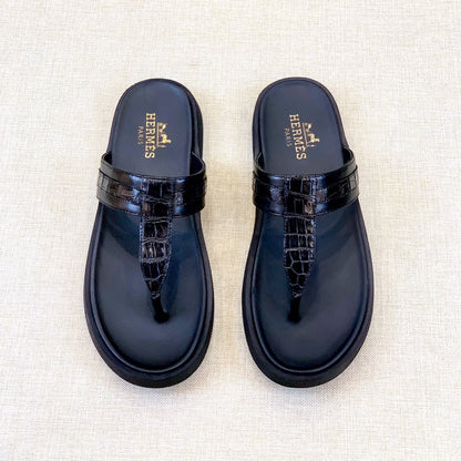 HM Men's Thong Sandals Black Rubber Sheepskin 561667