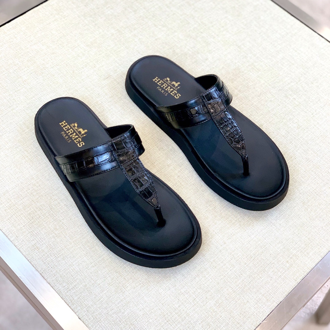 HM Men's Thong Sandals Black Rubber Sheepskin 561667