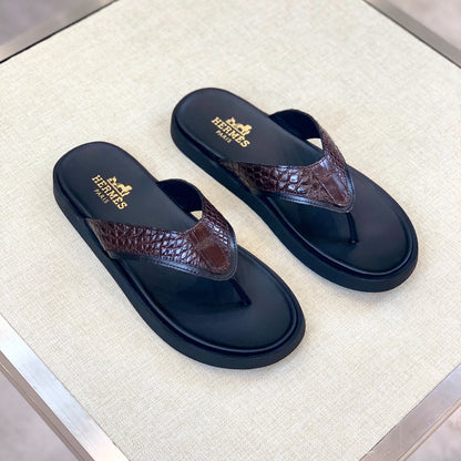 HM Men's Thong Sandals Brown Rubber Sheepskin 561669