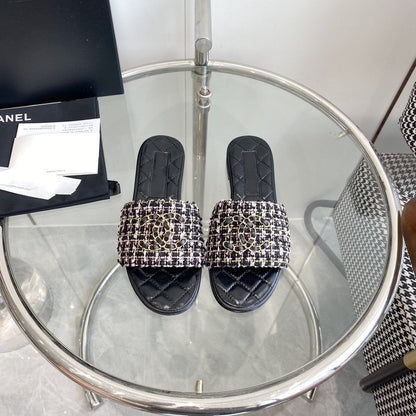 mule sandal black white tweed calfskin
