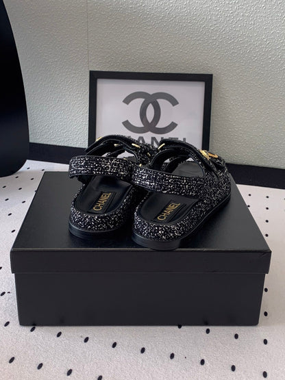 dad sandal black white tweed