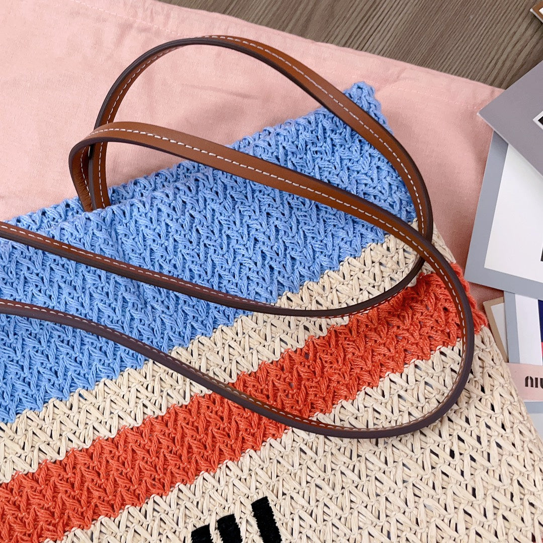TOTE BAG 40 IN STRIPED PATTERN OF LIGHT BLUE ORANGE AND CREAM WHITE WOVEN RAFFIA