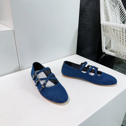 FLAT MARY JANE IN NAVY BLUE FABRIC