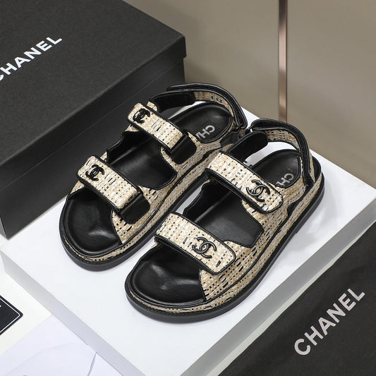CC Dad Sandal Beige Black Woven Black Calfskin