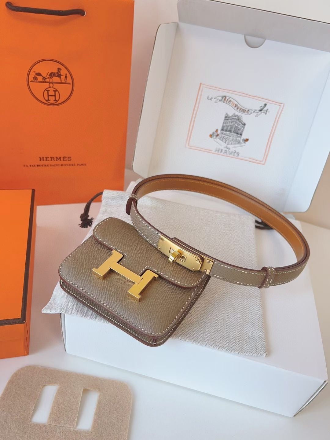hm kelly belt 18mm with constance slim grey epsom gold hardware