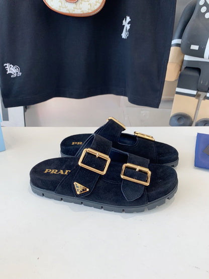 PRA STRAP SLIDES SANDALS BLACK SUEDE