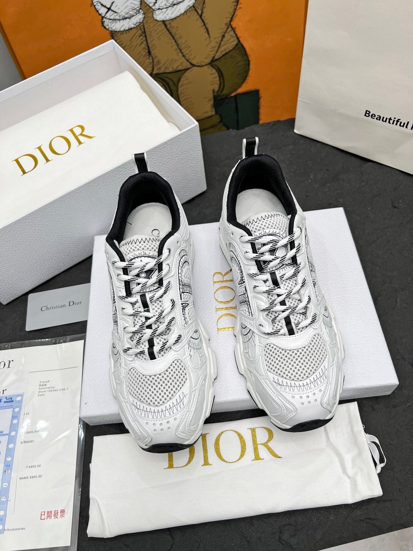 CD Chrono Sneaker White Black Mesh Fabric And Calfskin