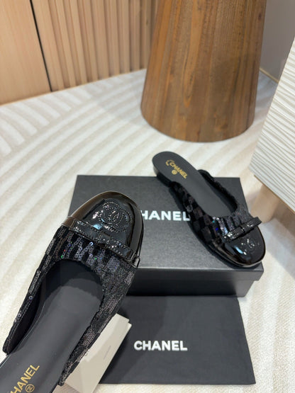 cc mule black tweed sequin black patent calfskin