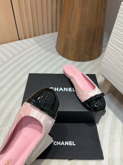 cc mule pink tweed sequin black patent calfskin