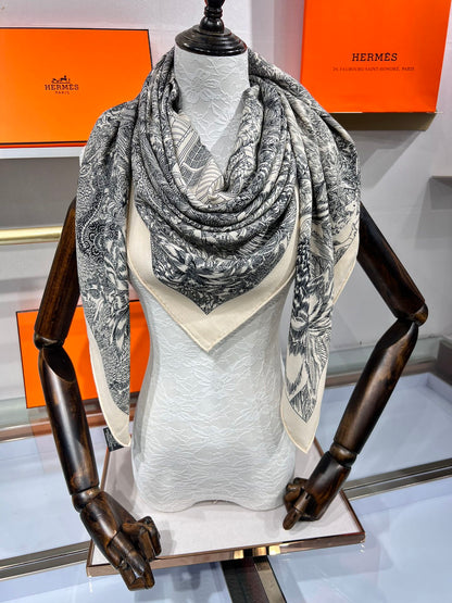 Faubourg Tropical Scarf 135 CM Black White Cashmere And Silk