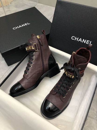 CC Short Boots 45mm In Brown Red Mix Black Quilted Lambskin And Glossy Cowhide 950033