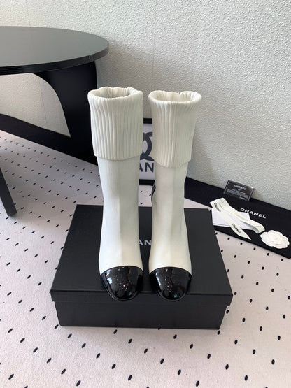 CC Short Boots 85mm White Black Wool Mix Glossy Cowhide 938069