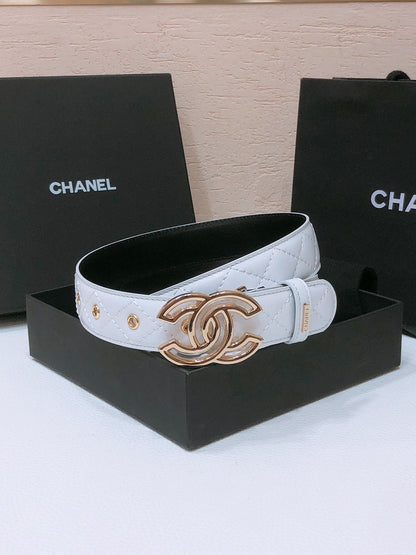 CHANEL BELT 3CM WHITE EMBROIDERED LAMBSKIN WITH GOLD HARDWARE